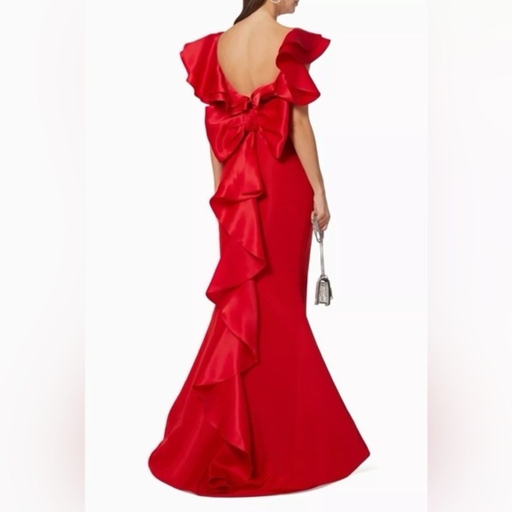 Alexia Maria Red Amelie Silk Ruffled Bow-Back Mermaid Gown